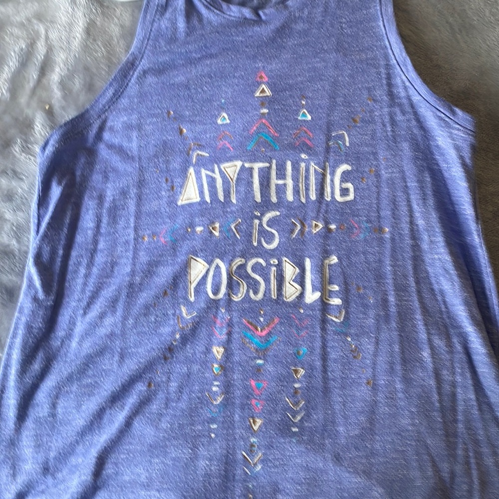 Purple ish blue tank top great for summer and hot days, “Anything Is Possible “